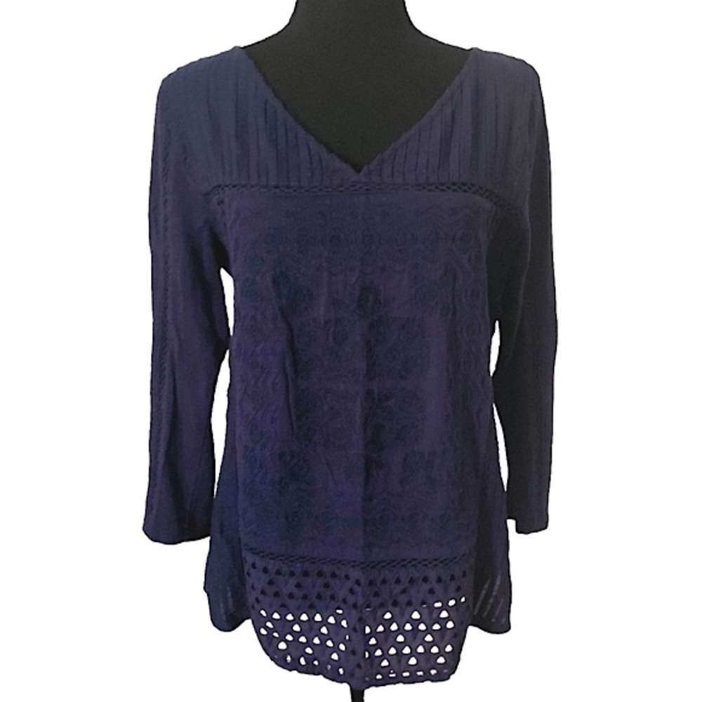 Lucky Brand embroidered navy blue cotton top